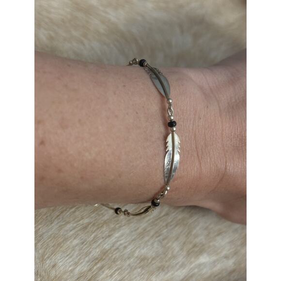 Native American SW Sterling Silver Feather Link Onyx Bracelet 7” - Picture 3 of 12